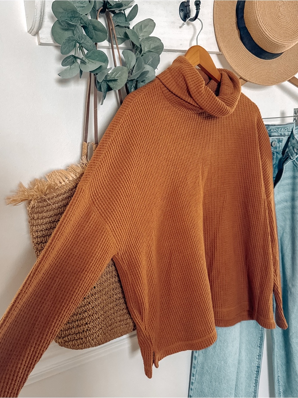 Rust Orange Waffle Knit Cowl Neck Sweater